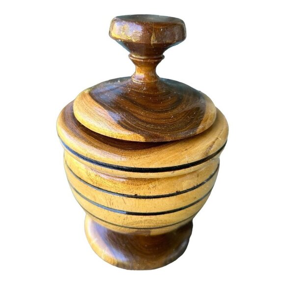 VTG Lathe Turned Wood Vase Bowl Two-Tone Lidded Container Handmade 9" X 5.2" - Picture 3 of 10